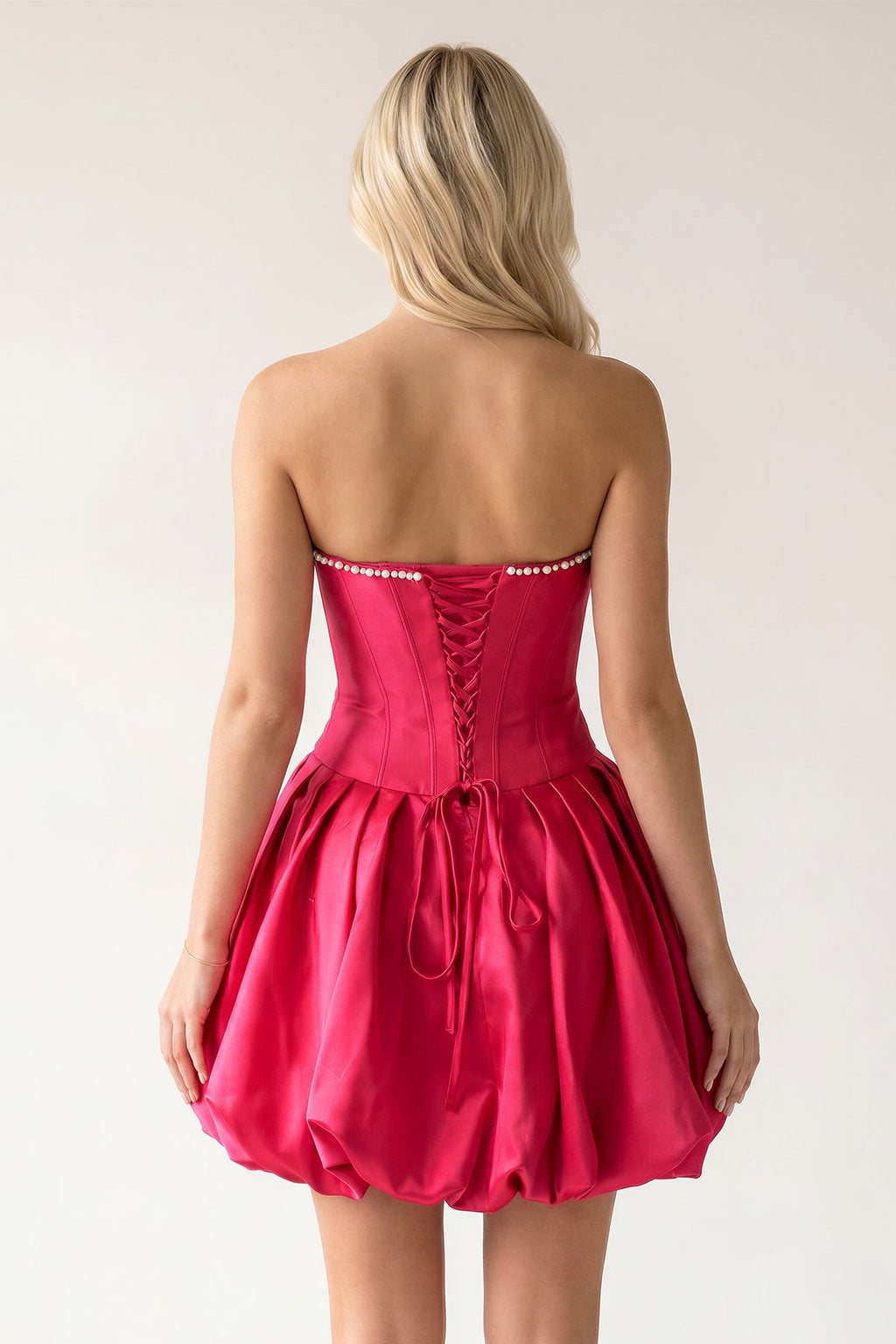 Fuchsia A-Line Bubble Hem Satin Strapless Corset Homecoming Dress - Curvevia