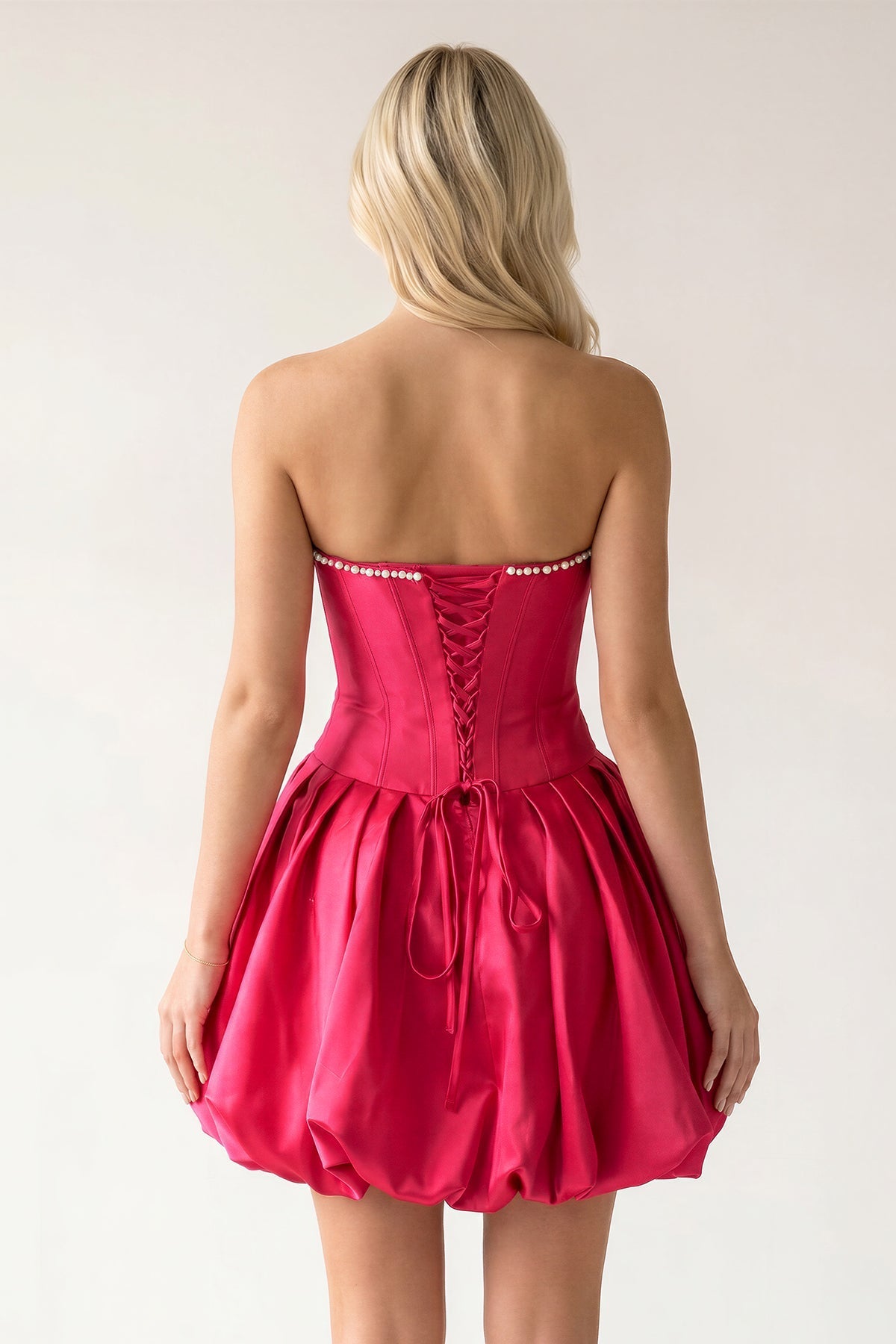Fuchsia A-Line Bubble Hem Satin Strapless Corset Homecoming Dress - Curvevia