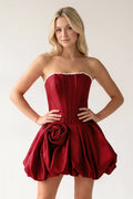 Fuchsia A-Line Bubble Hem Satin Strapless Corset Homecoming Dress - Curvevia