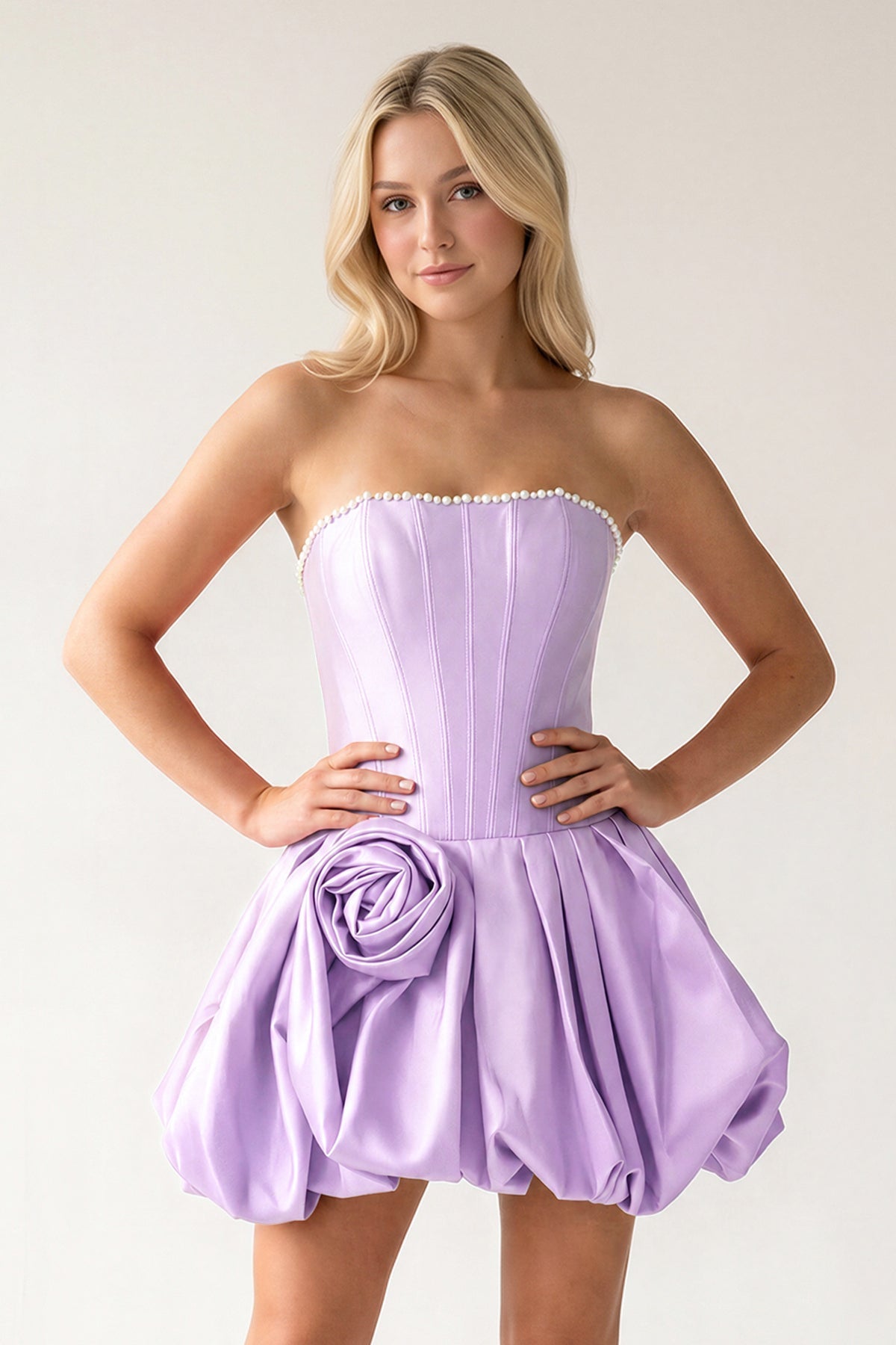 Fuchsia A-Line Bubble Hem Satin Strapless Corset Homecoming Dress - Curvevia