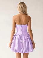 Fuchsia A-Line Bubble Hem Satin Strapless Corset Homecoming Dress - Curvevia
