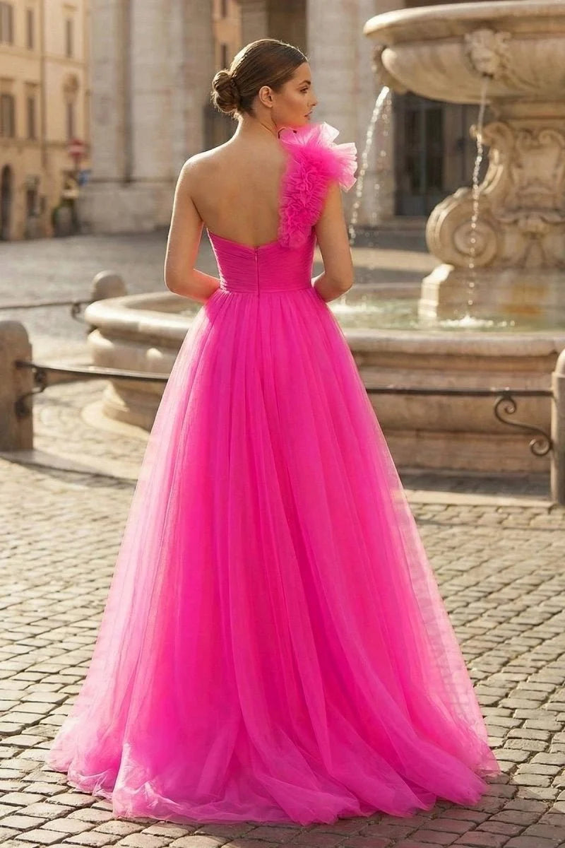 A-Line One Shoulder Long Tulle Wedding Guest Dress with Ruffles - Curvevia