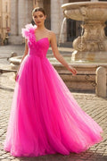 A-Line One Shoulder Long Tulle Wedding Guest Dress with Ruffles - Curvevia