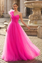 A-Line One Shoulder Long Tulle Wedding Guest Dress with Ruffles - Curvevia