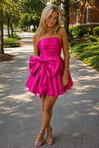 A-Line Strapless Pleated Wedding Guest Dress with Bow - Curvevia