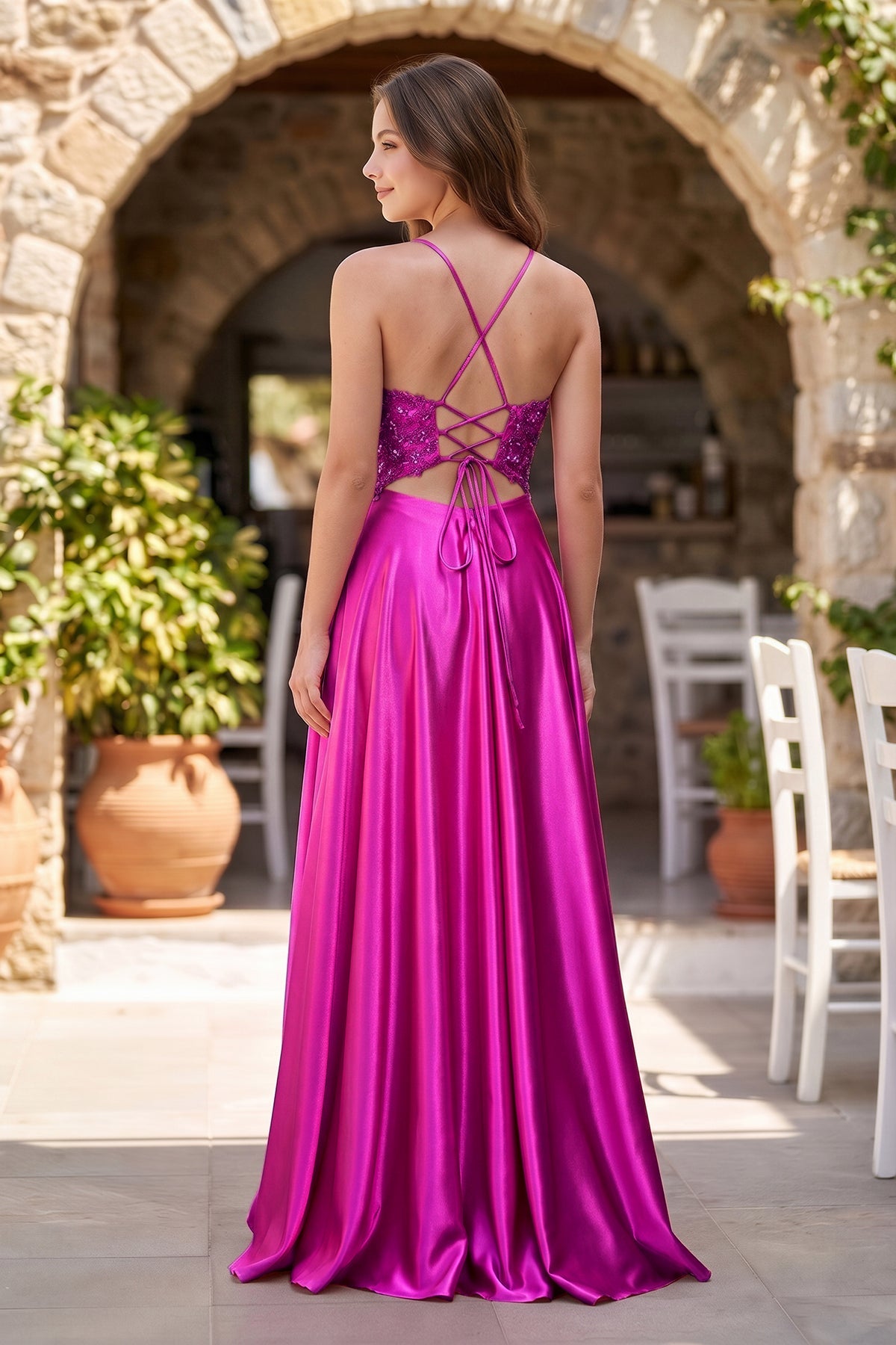 A-Line V-Neck Satin Mother of the Bride Dress with Slit - Curvevia