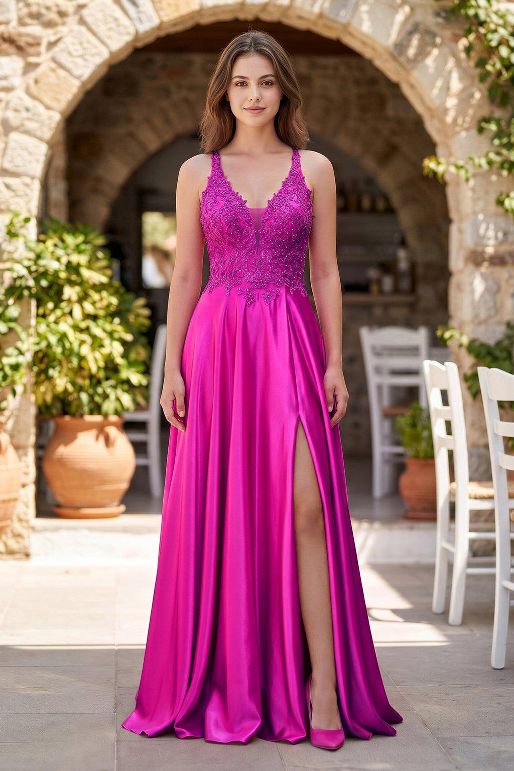 A-Line V-Neck Satin Mother of the Bride Dress with Slit - Curvevia