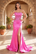 Fuchsia Beaded Strapless Applique Evening Dress with Slit - Curvevia
