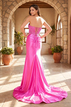 Fuchsia Beaded Strapless Applique Evening Dress with Slit - Curvevia