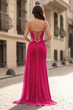 Black Rhinestone One Shoulder A Line Prom Dress with Slit - Curvevia