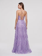 Lavender Lace A-Line V-Neck Lace-up Floor-Length Dress with Thin Shoulder Straps and Open Back - Curvevia
