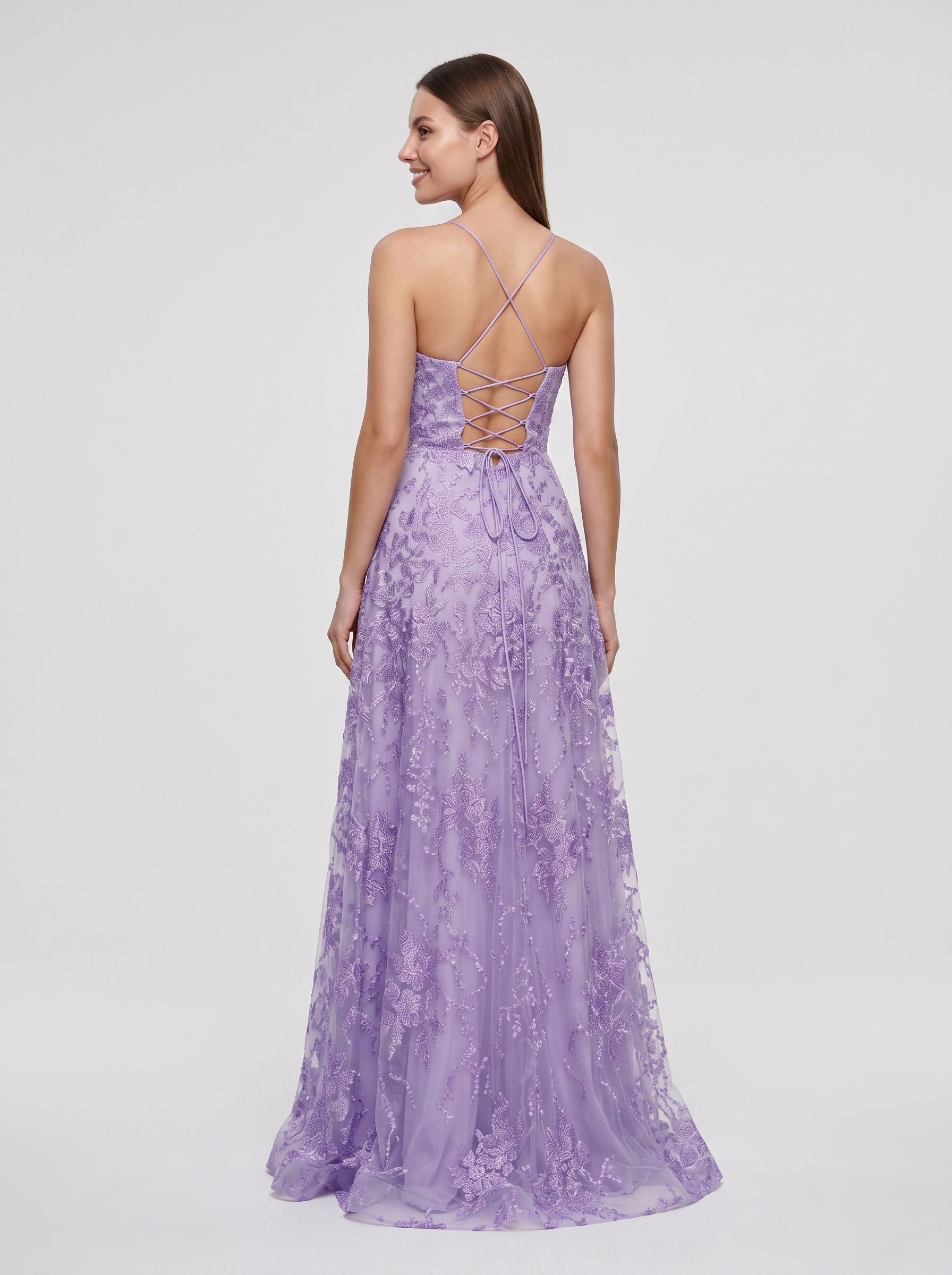 Lavender Lace A-Line V-Neck Lace-up Floor-Length Dress with Thin Shoulder Straps and Open Back - Curvevia