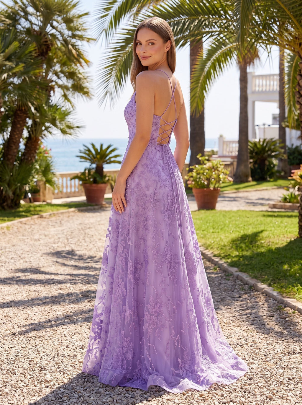 Lavender Lace A-Line V-Neck Lace-up Floor-Length Dress with Thin Shoulder Straps and Open Back - Curvevia