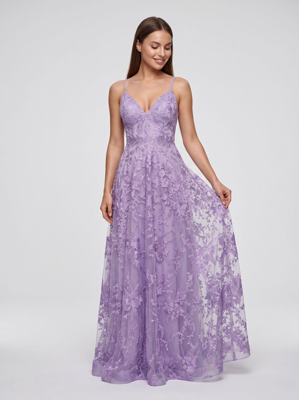 Lavender Lace A-Line V-Neck Lace-up Floor-Length Dress with Thin Shoulder Straps and Open Back - Curvevia
