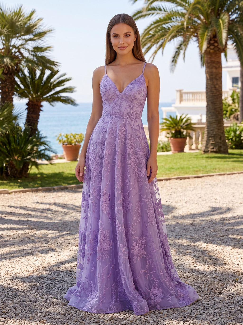 Lavender Lace A-Line V-Neck Lace-up Floor-Length Dress with Thin Shoulder Straps and Open Back - Curvevia