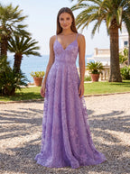 Lavender Lace A-Line V-Neck Lace-up Floor-Length Dress with Thin Shoulder Straps and Open Back - Curvevia