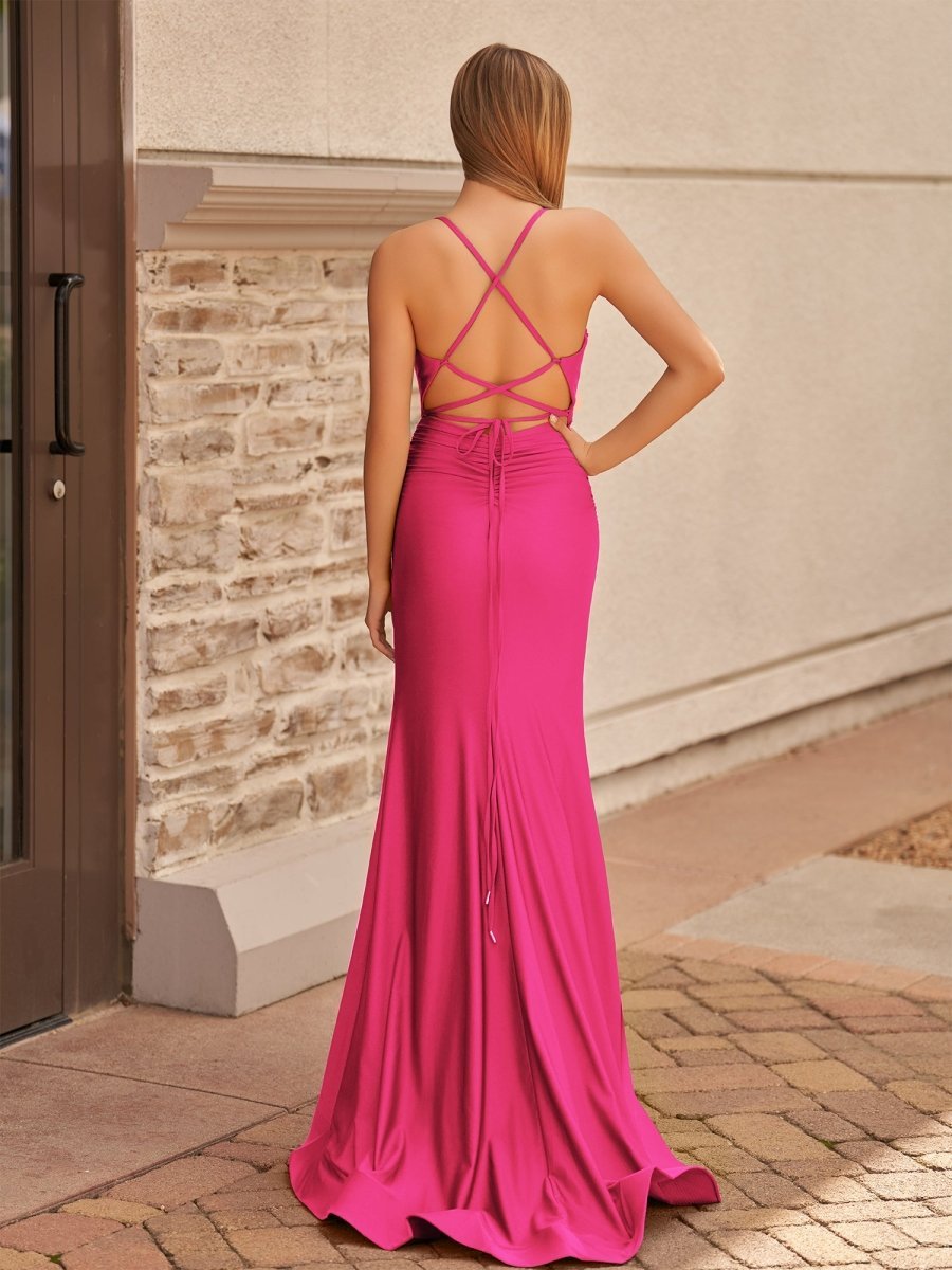 Mermaid Spaghetti Straps Satin Prom Dress with Slit - Curvevia