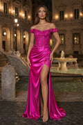 Burgundy Off The Shoulder Mermaid Beaded Satin Long Prom Dresses With Appliques - Curvevia