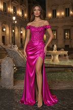 Burgundy Off The Shoulder Mermaid Beaded Satin Long Prom Dresses With Appliques - Curvevia