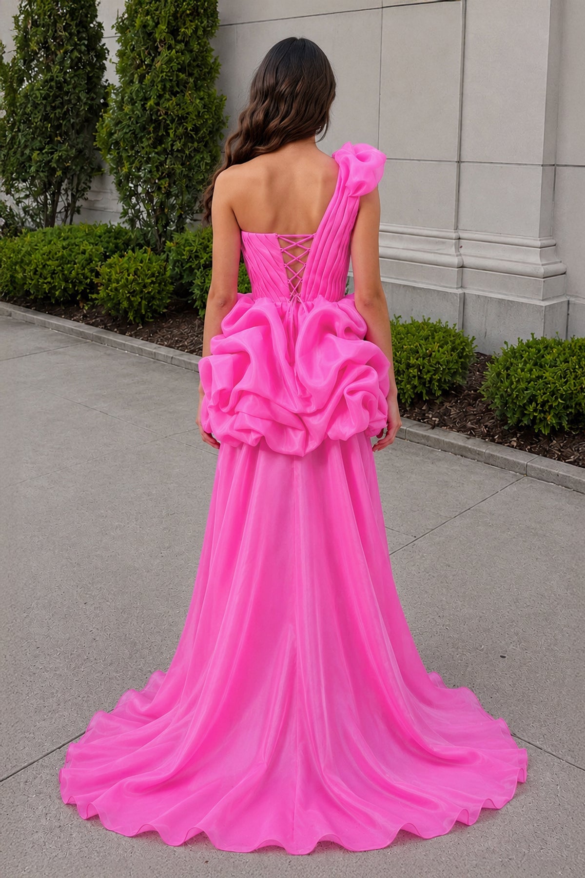 Hot Pink One Shoulder Organza High Low Homecoming Dress With Ruffles - Curvevia