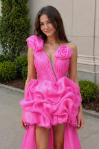 Hot Pink One Shoulder Organza High Low Homecoming Dress With Ruffles - Curvevia