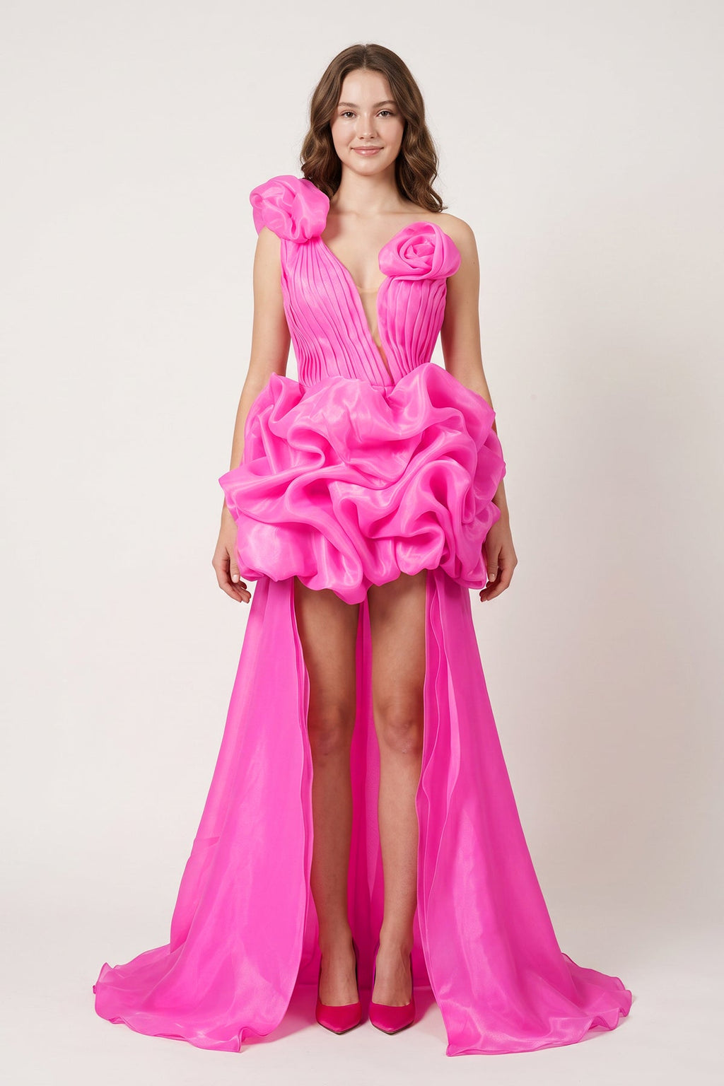 Hot Pink One Shoulder Organza High Low Homecoming Dress With Ruffles - Curvevia