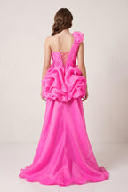 Hot Pink One Shoulder Organza High Low Homecoming Dress With Ruffles - Curvevia