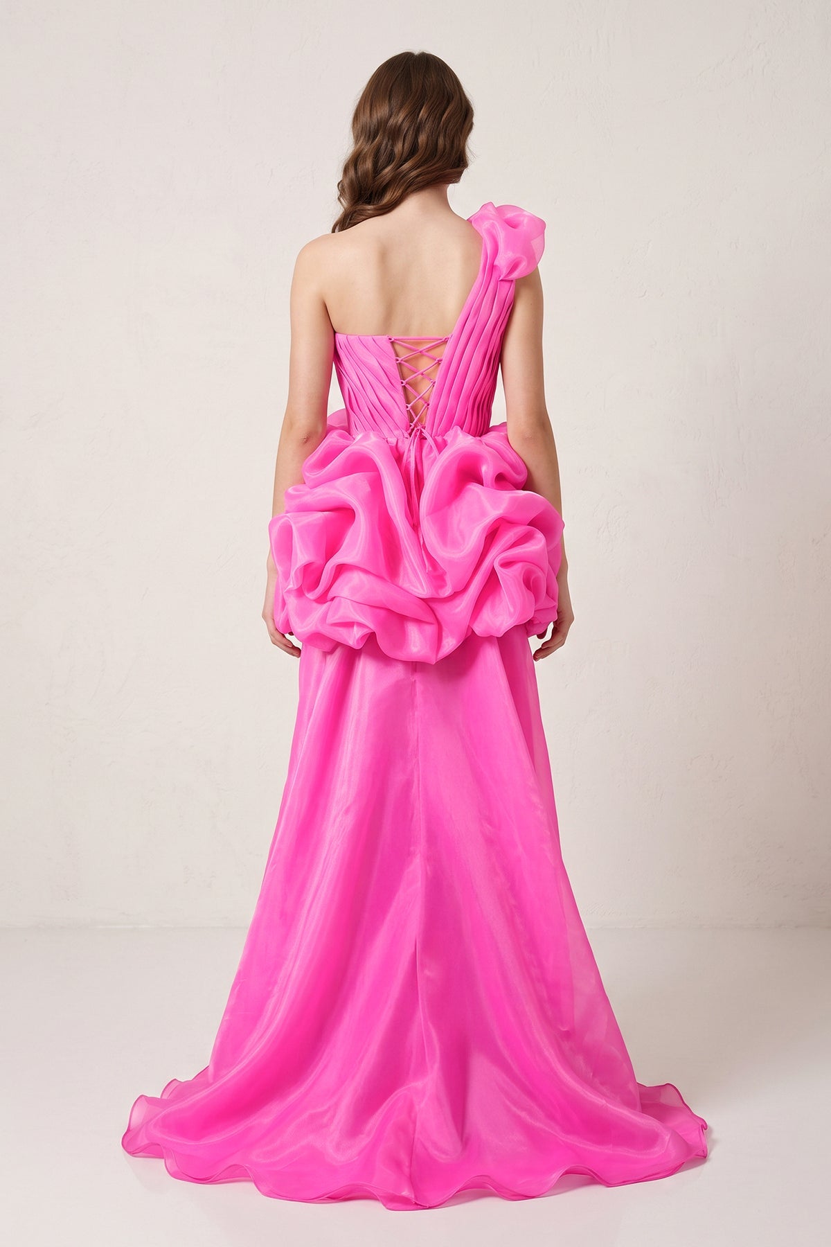 Hot Pink One Shoulder Organza High Low Homecoming Dress With Ruffles - Curvevia