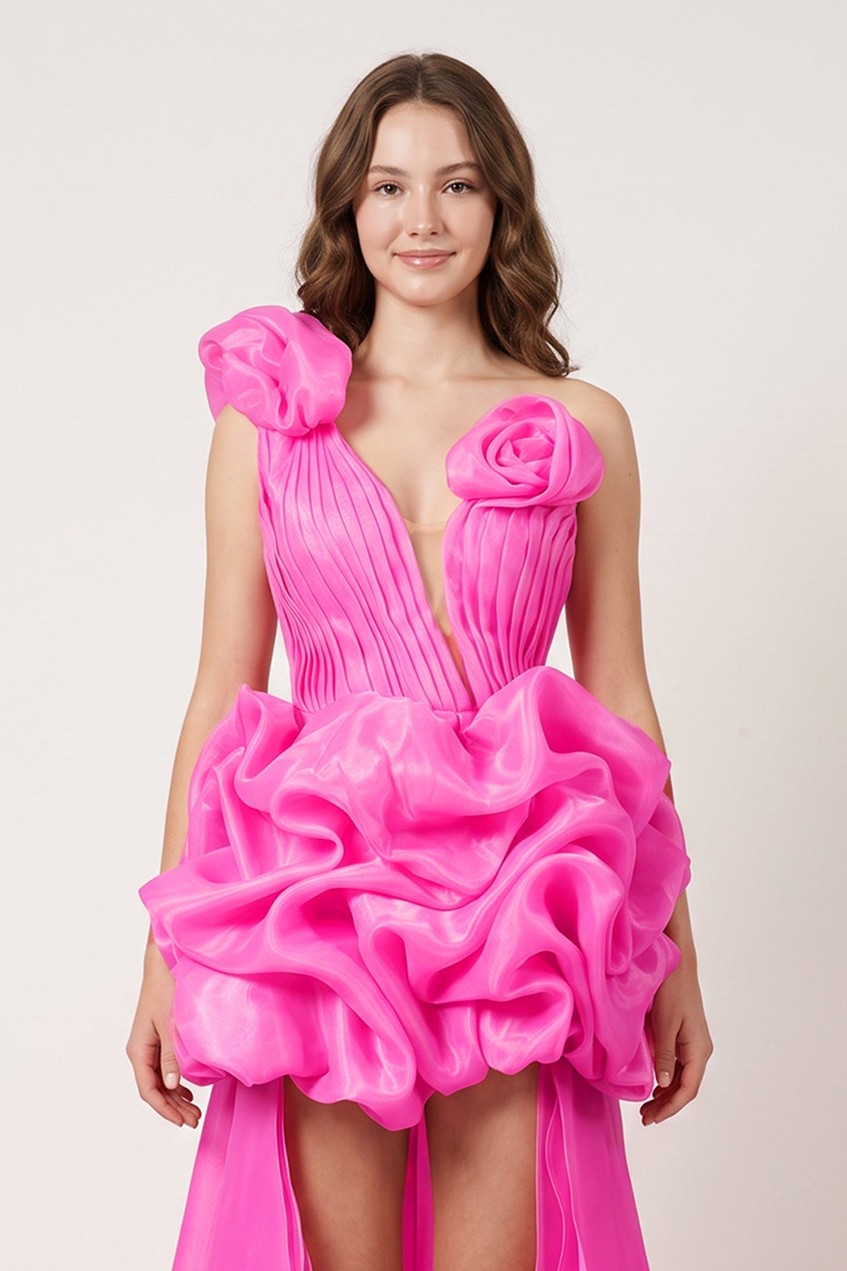 Hot Pink One Shoulder Organza High Low Homecoming Dress With Ruffles - Curvevia
