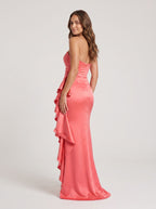 Coral Satin mermaid Straight Neck Back Zip Floor-Length Dress with Cascading side ruffle - Curvevia