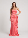 Coral Satin mermaid Straight Neck Back Zip Floor-Length Dress with Cascading side ruffle - Curvevia