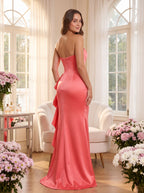 Coral Satin mermaid Straight Neck Back Zip Floor-Length Dress with Cascading side ruffle - Curvevia