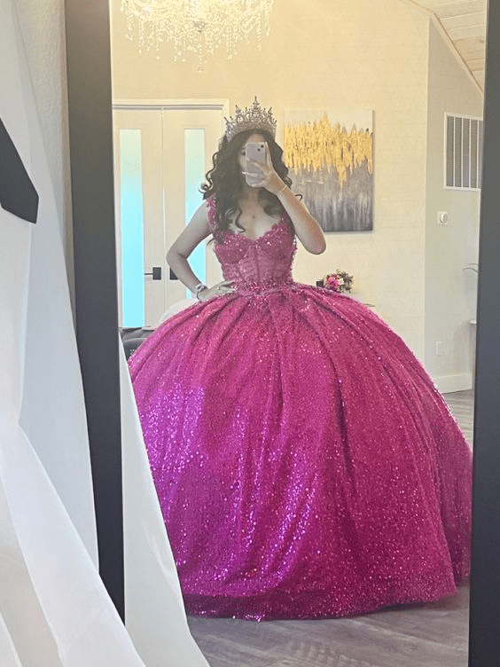 Fuchsia Sleeveless Sequin Quinceanera Dress - Curvevia