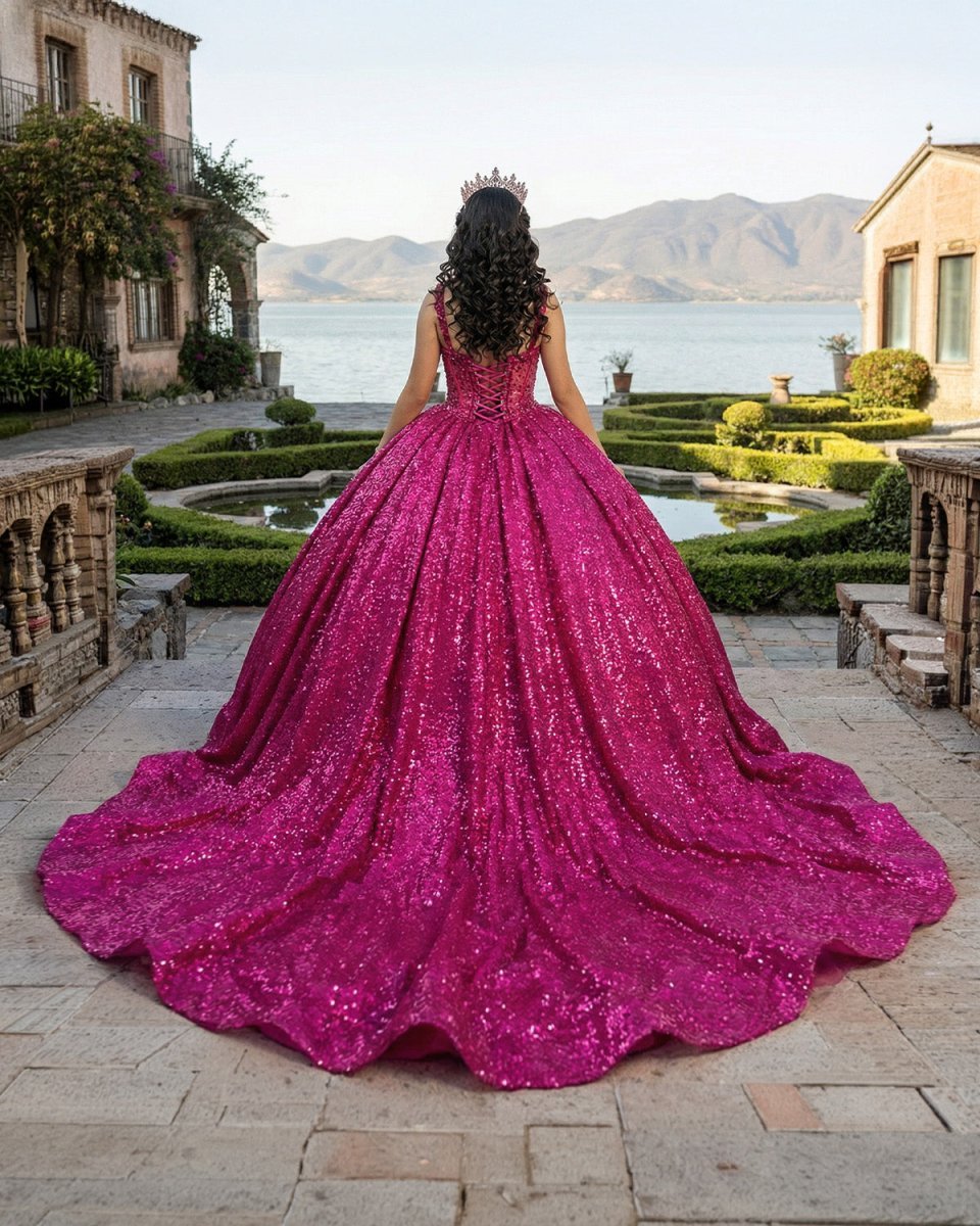 Fuchsia Sleeveless Sequin Quinceanera Dress - Curvevia