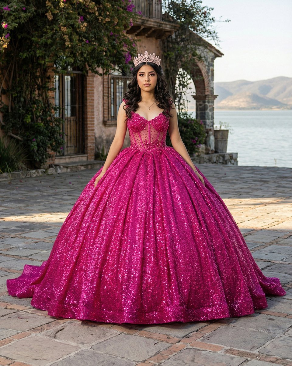 Fuchsia Sleeveless Sequin Quinceanera Dress - Curvevia