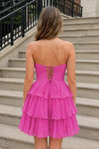 Fuchsia Strapless A Line Chiffon Ruffles Wedding Guest Dress With Flower - Curvevia