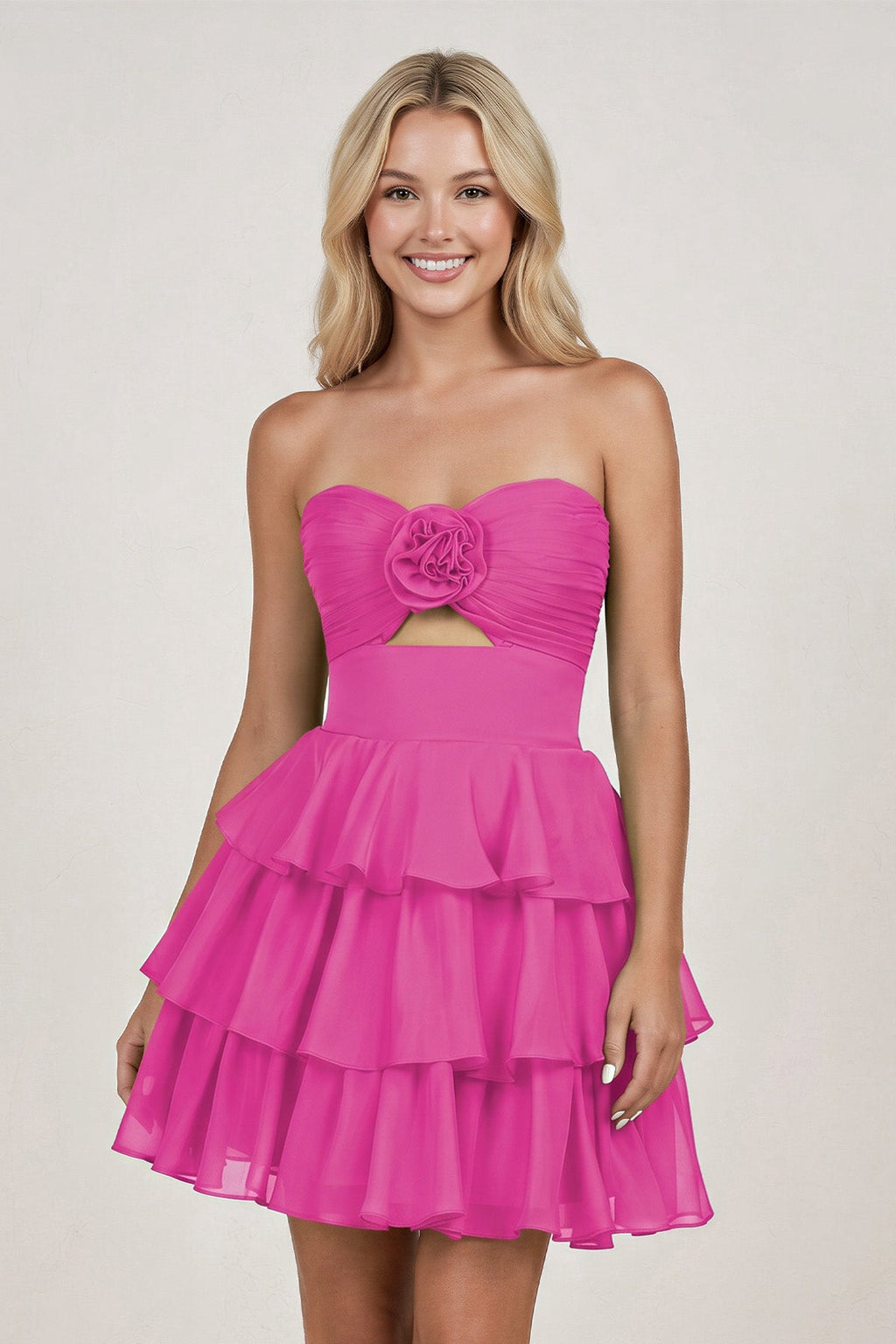 Fuchsia Strapless A Line Chiffon Ruffles Wedding Guest Dress With Flower - Curvevia