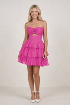 Fuchsia Strapless A Line Chiffon Ruffles Wedding Guest Dress With Flower - Curvevia