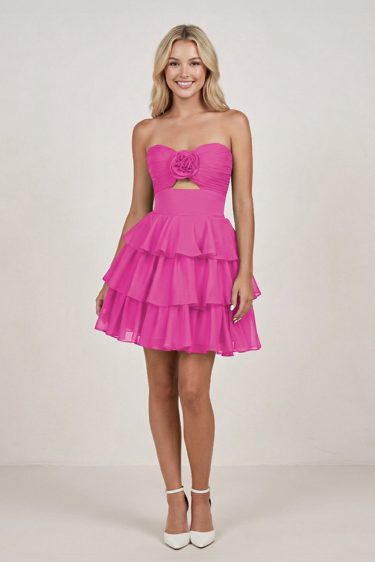 Fuchsia Strapless A Line Chiffon Ruffles Wedding Guest Dress With Flower - Curvevia