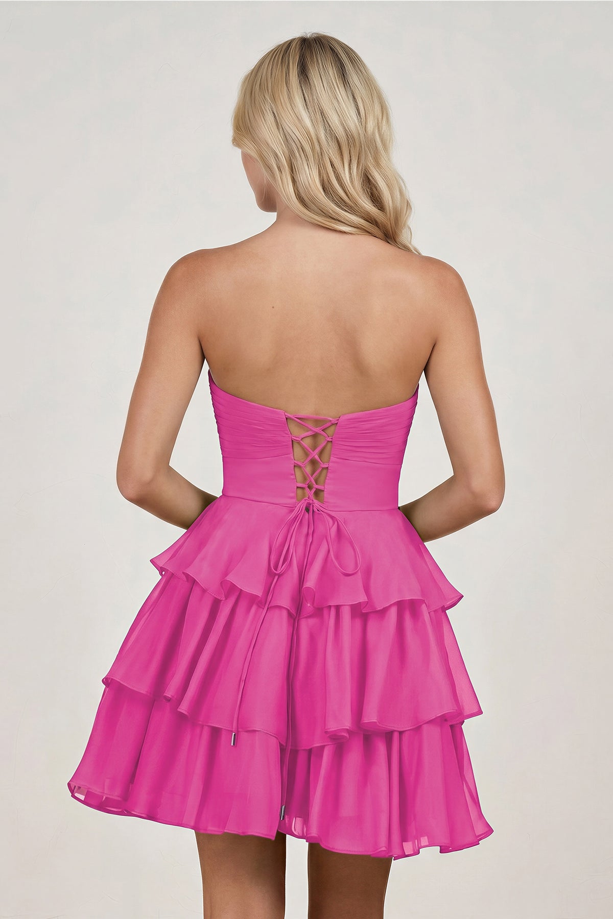 Fuchsia Strapless A Line Chiffon Ruffles Wedding Guest Dress With Flower - Curvevia