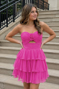 Fuchsia Strapless A Line Chiffon Ruffles Wedding Guest Dress With Flower - Curvevia