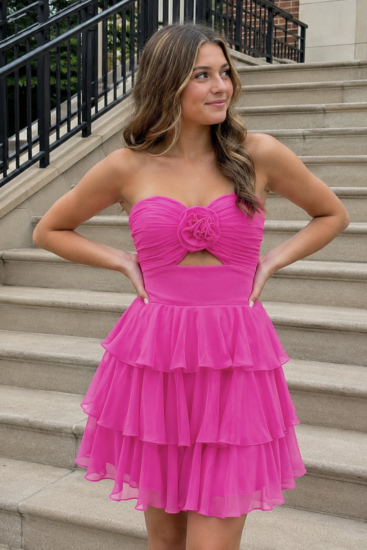 Fuchsia Strapless A Line Chiffon Ruffles Wedding Guest Dress With Flower - Curvevia