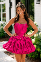 Strapless Black Beaded Short Homecoming Dress with Bow - Curvevia