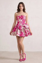 Fuchsia Strapless Jacquard A-Line Homecoming Dress with Bowknot - Curvevia