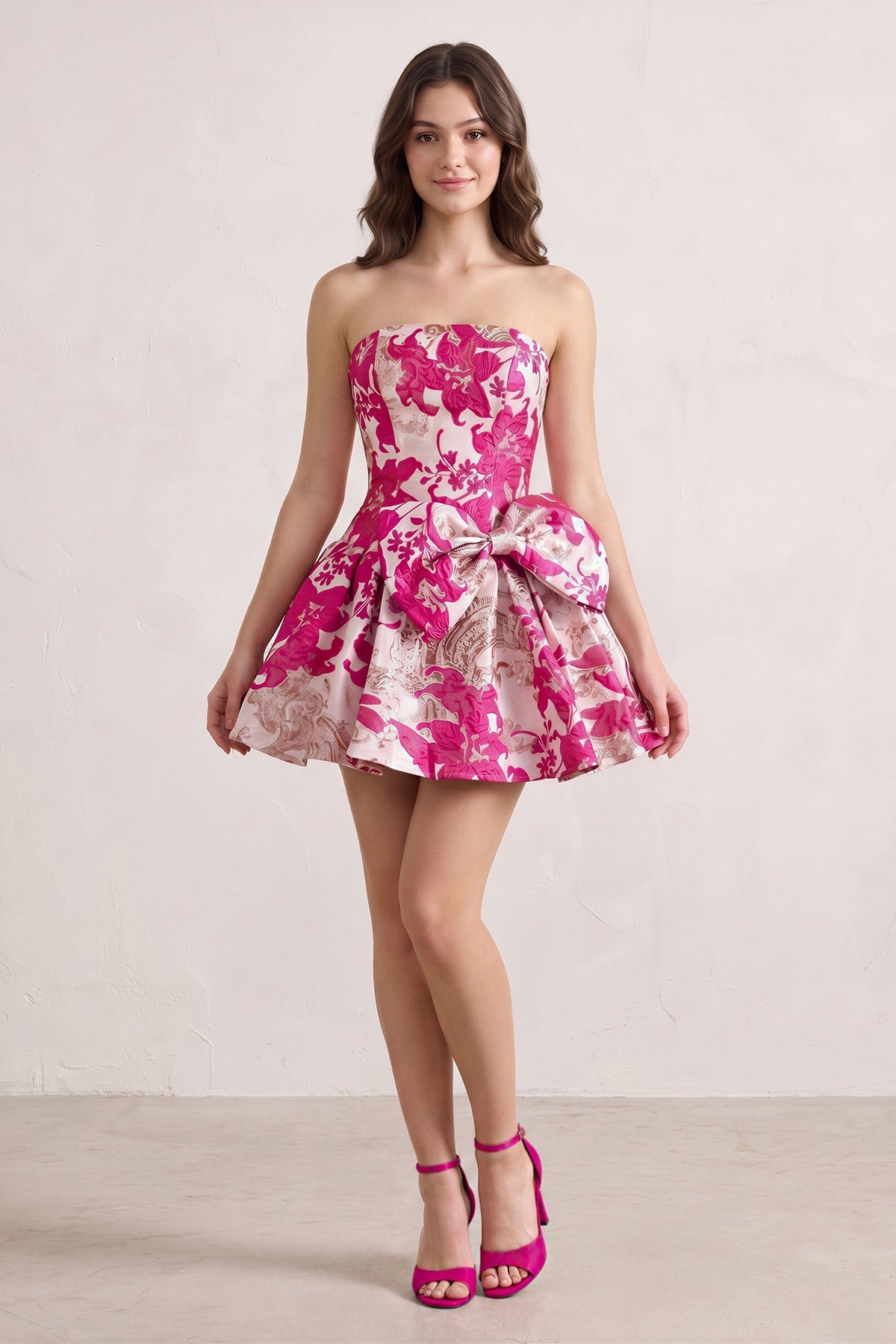 Fuchsia Strapless Jacquard A-Line Homecoming Dress with Bowknot - Curvevia