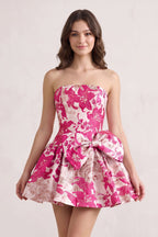 Fuchsia Strapless Jacquard A-Line Homecoming Dress with Bowknot - Curvevia