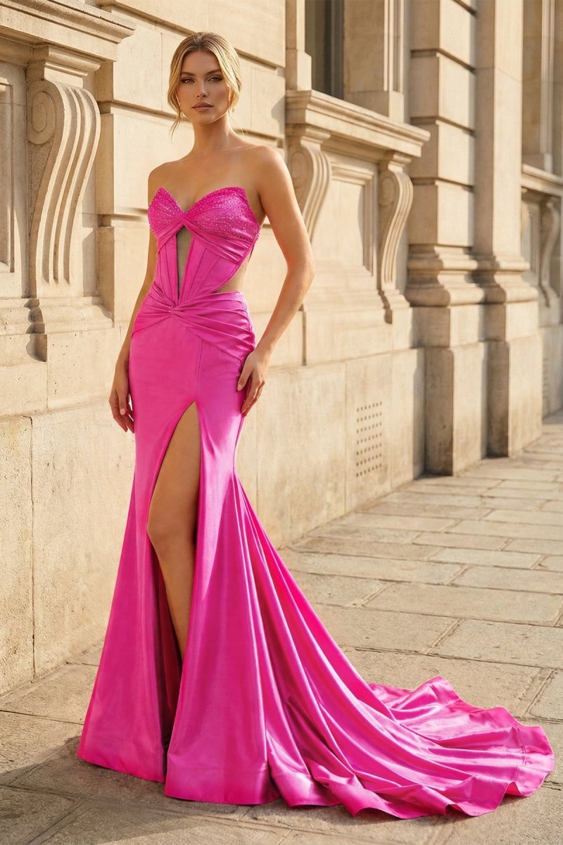 Yellow Sweetheart Mermaid Satin Beaded Long Evening Dress With Slit - Curvevia