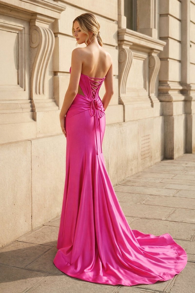 Yellow Sweetheart Mermaid Satin Beaded Long Evening Dress With Slit - Curvevia
