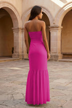 Yellow Strapless Sheath Chiffon Long Evening Dress With Ruffles - Curvevia