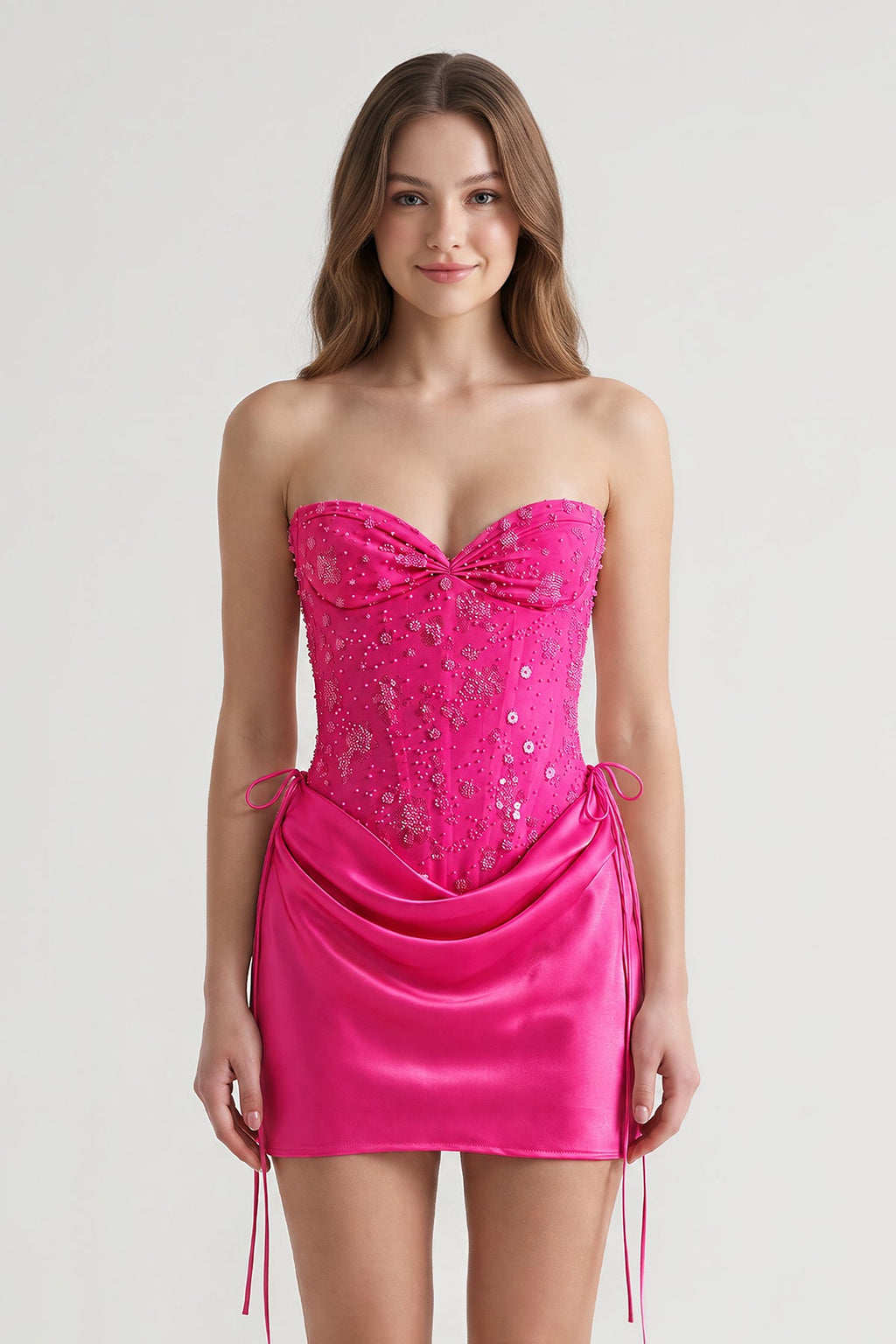 Pink Sweetheart Sheath Corset Ruched Satin Homecoming Dress with Beading - Curvevia